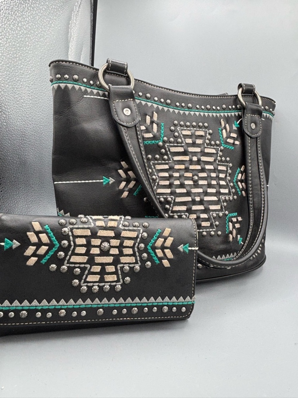 Black Studded Southwestern Tote and Wallet Set